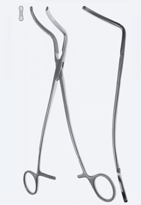 Зажими, хірургічні, судинні, Cooley, для аорти, зубці Cooley, вигнуті, з кремальєрою, загальна довжина 270 мм. Бренд - Asanus Medizintechnik Gmb, Німеччина